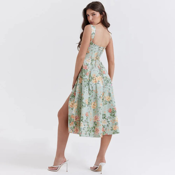 Mira Floral Midi Dress | Cotton, Corset-Inspired, High Slit, Wedding Guest & Summer Dresses