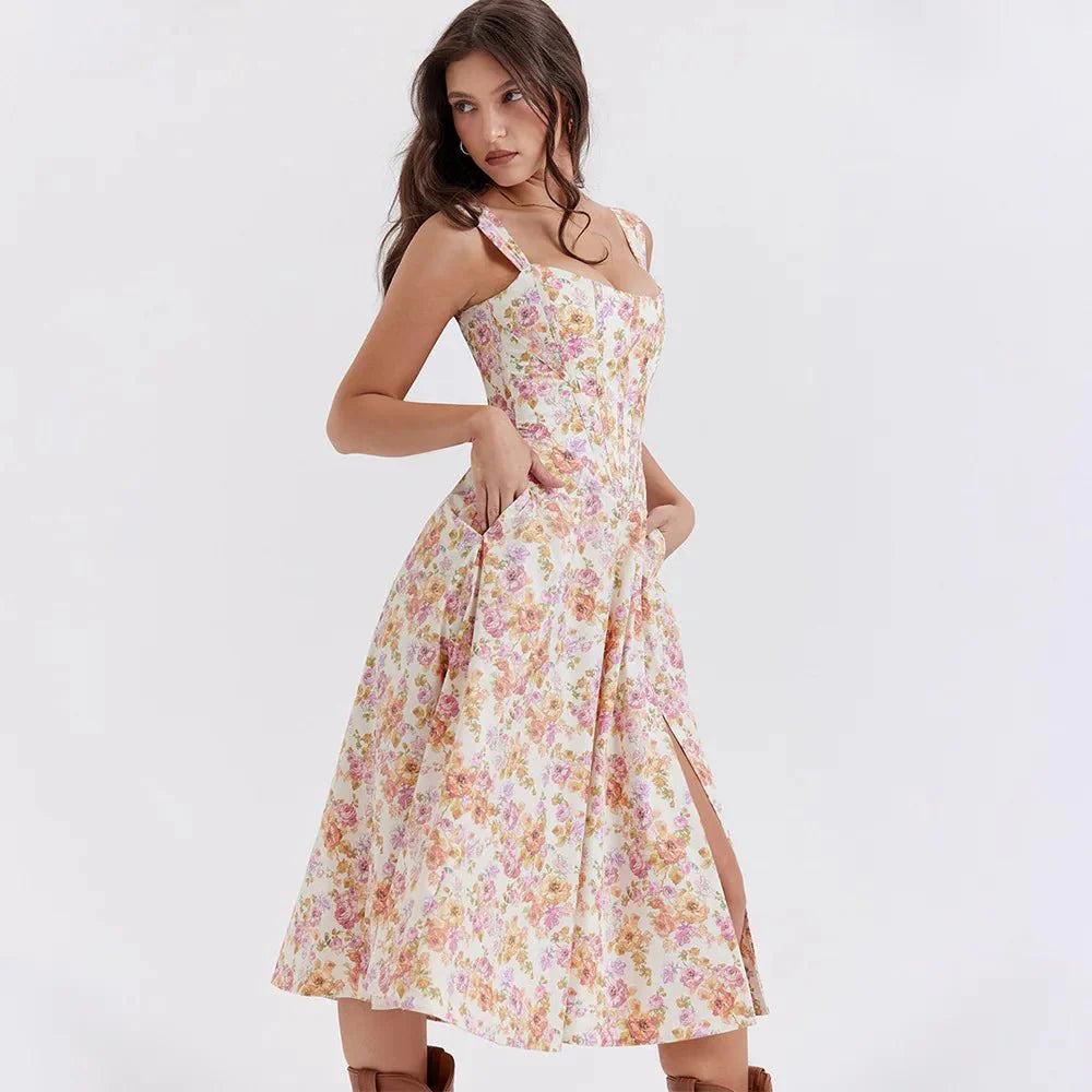 Mira Floral Midi Dress | Cotton, Corset-Inspired, High Slit, Wedding Guest & Summer Dresses