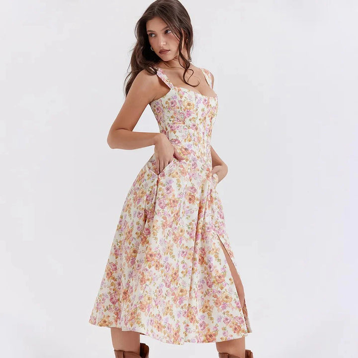 Mira Floral Midi Dress | Cotton, Corset-Inspired, High Slit, Wedding Guest & Summer Dresses