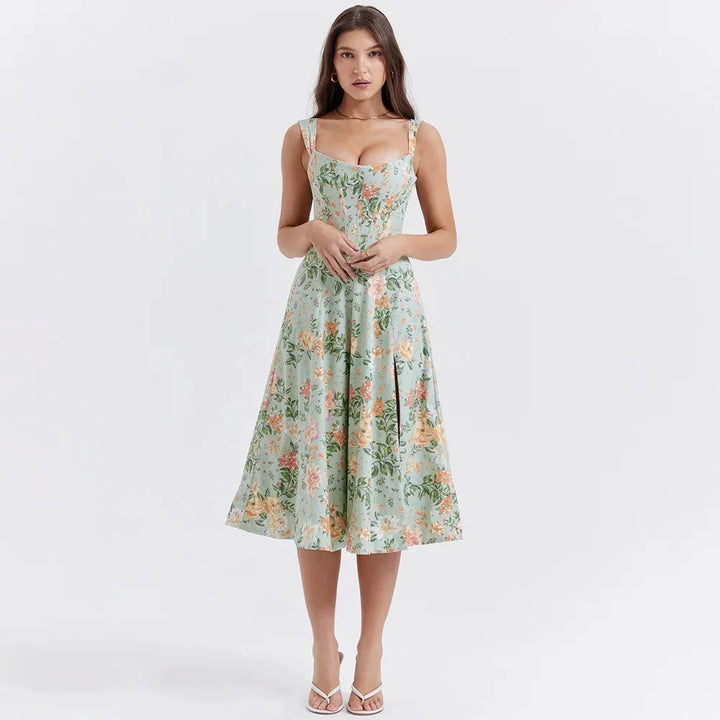 Mira Floral Midi Dress | Cotton, Corset-Inspired, High Slit, Wedding Guest & Summer Dresses