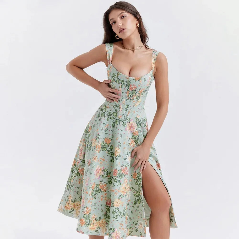 Mira Floral Midi Dress | Cotton, Corset-Inspired, High Slit, Wedding Guest & Summer Dresses - 2