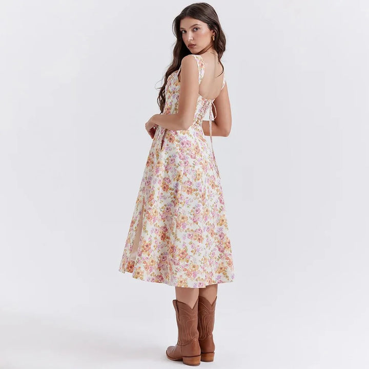 Mira Floral Midi Dress | Cotton, Corset-Inspired, High Slit, Wedding Guest & Summer Dresses