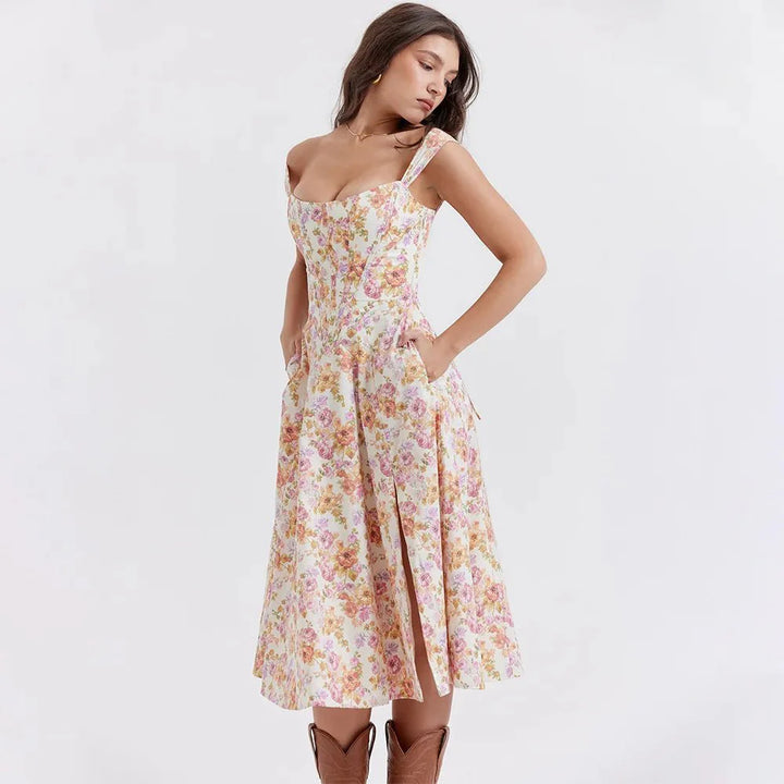 Mira Floral Midi Dress | Cotton, Corset-Inspired, High Slit, Wedding Guest & Summer Dresses