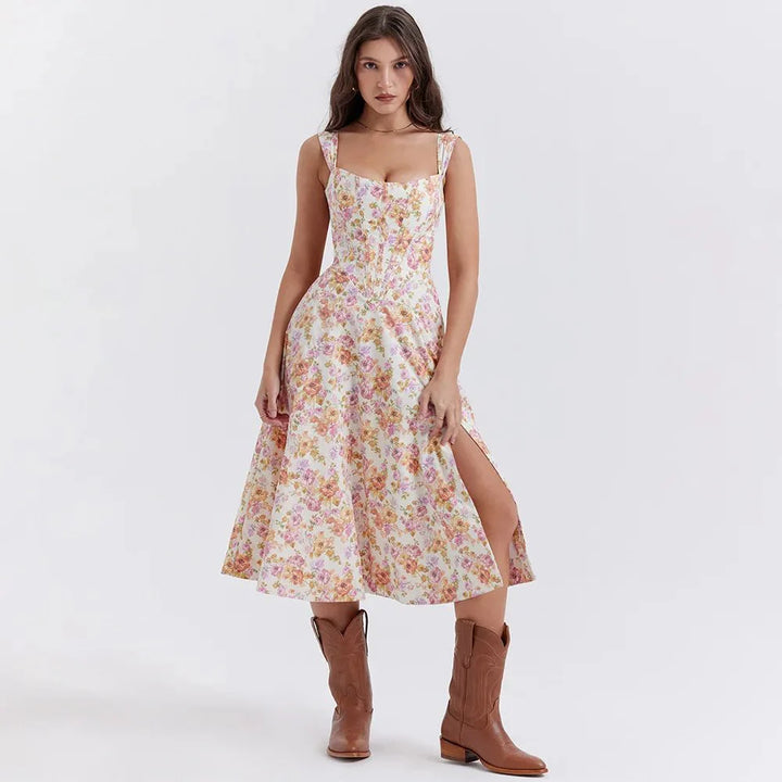 Mira Floral Midi Dress | Cotton, Corset-Inspired, High Slit, Wedding Guest & Summer Dresses - 3