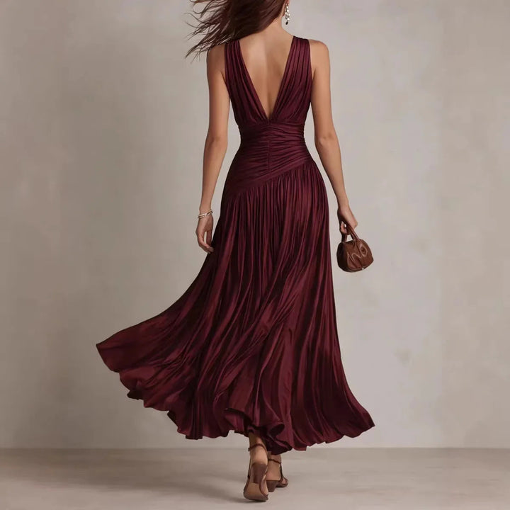 Cordelia | Pleated V-Neck Maxi Dress with Open Back