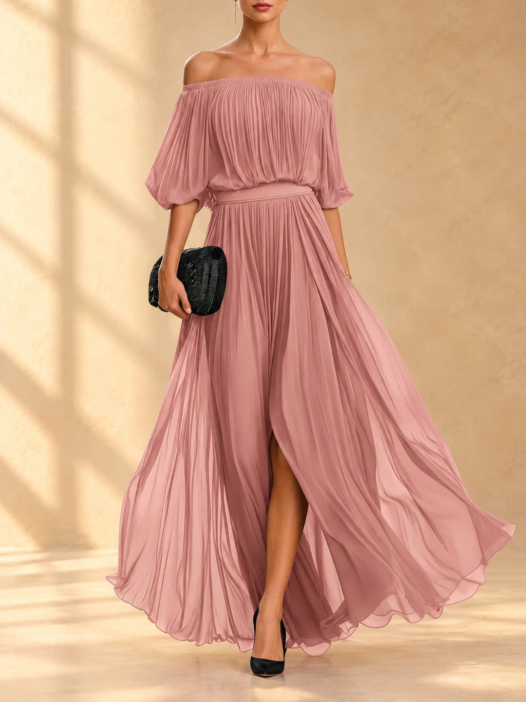 Genevieve | Off-Shoulder Chiffon Maxi Dress with Flowing Skirt