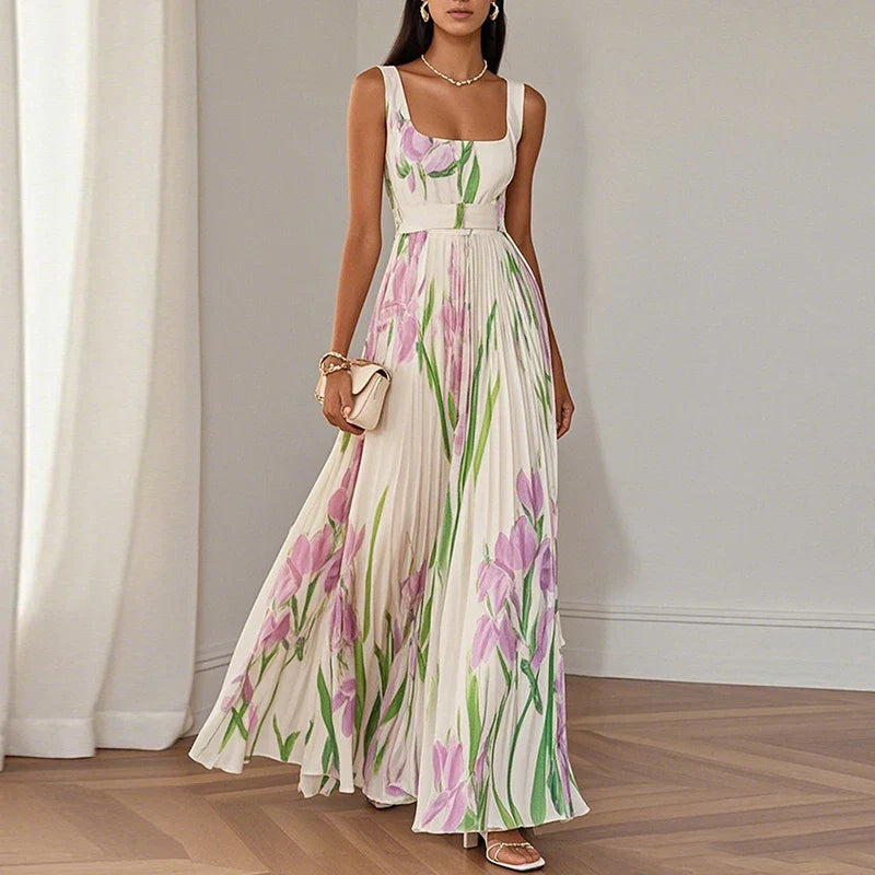 Oriah Floral A-Line Maxi Dress - Apricot & Purple