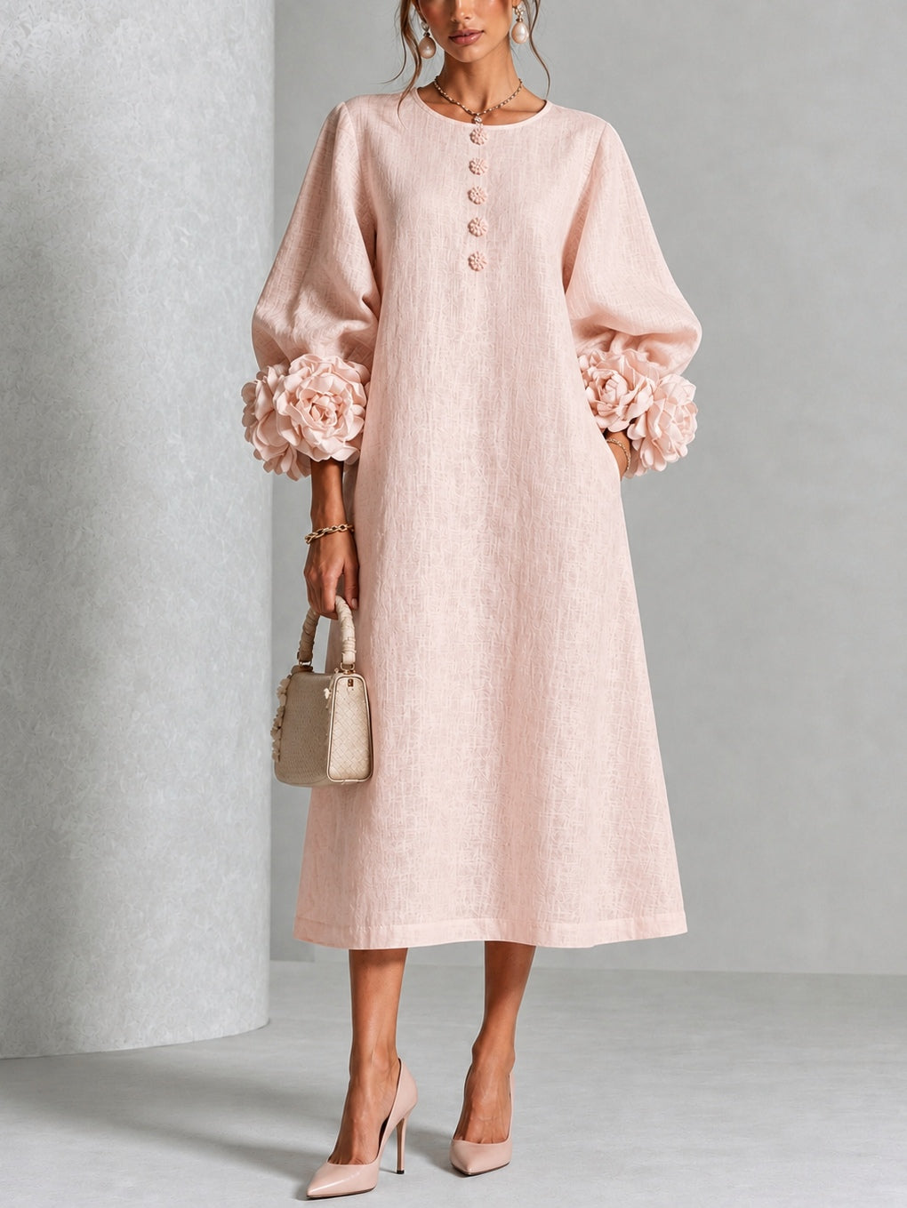 Liliana Elegant Floral Midi Dress - Pink