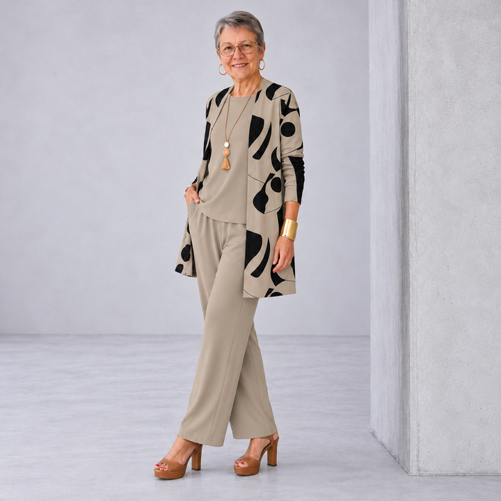 Dorothy | Patterned Cardigan Top and Wide-Leg Pants Three-Piece Set
