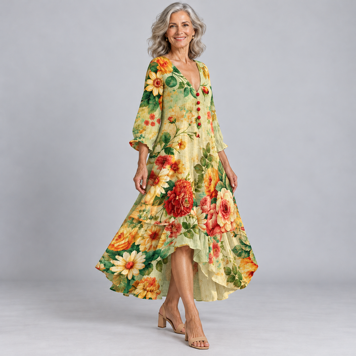 Stella | Floral V-Neck Midi Dress with Ruffled Hem