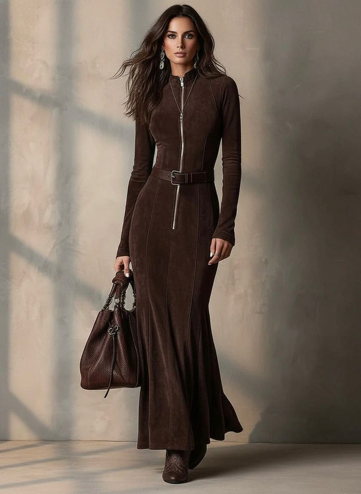 Marsella | Brown Long Dress with Belt