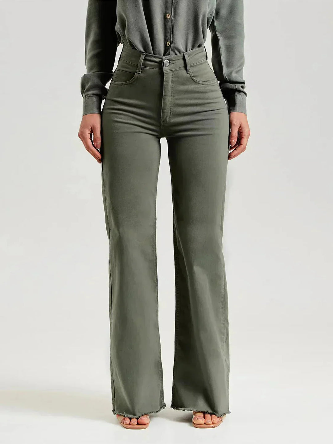 Jade wide-leg trousers with a frayed hem made from soft denim fabric, perfect for a stylish and comfortable casual look. - 1