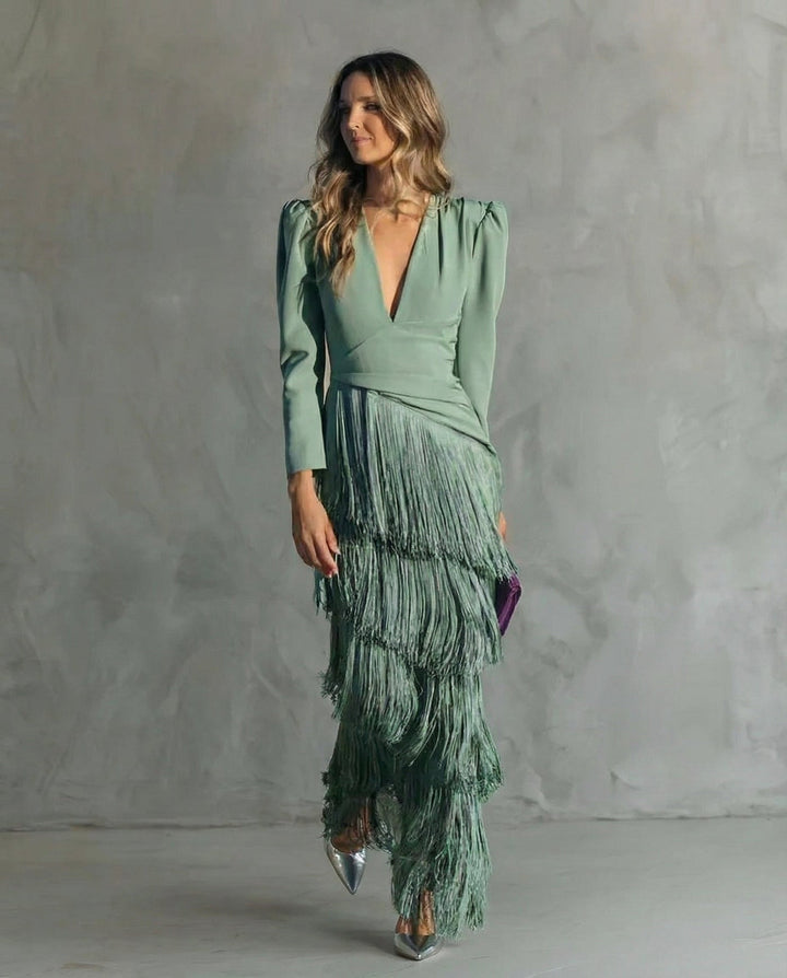 Chiara Elegant Fringe Sleeve Dress - Light Green