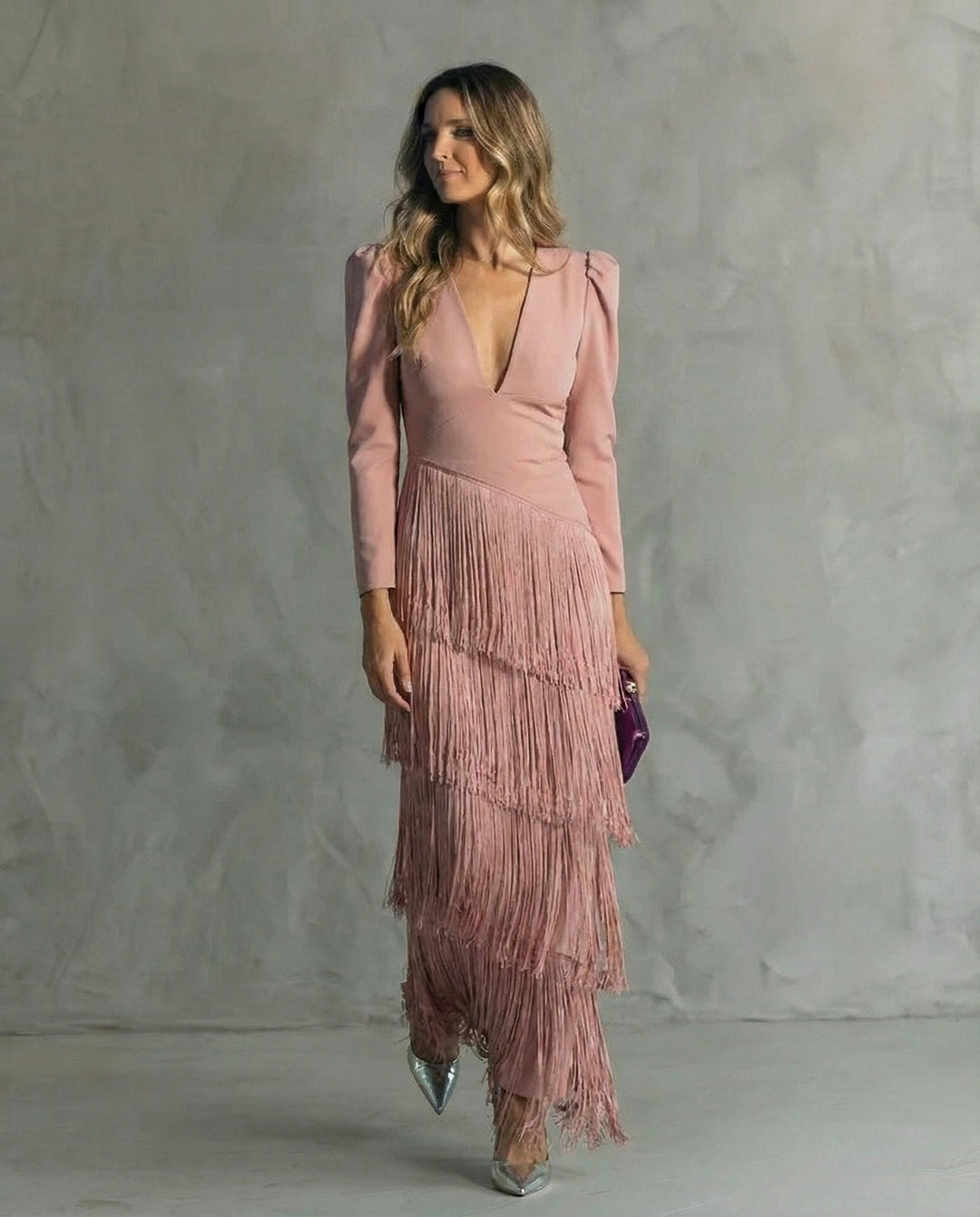 Chiara Elegant Fringe Sleeve Dress - Mauve
