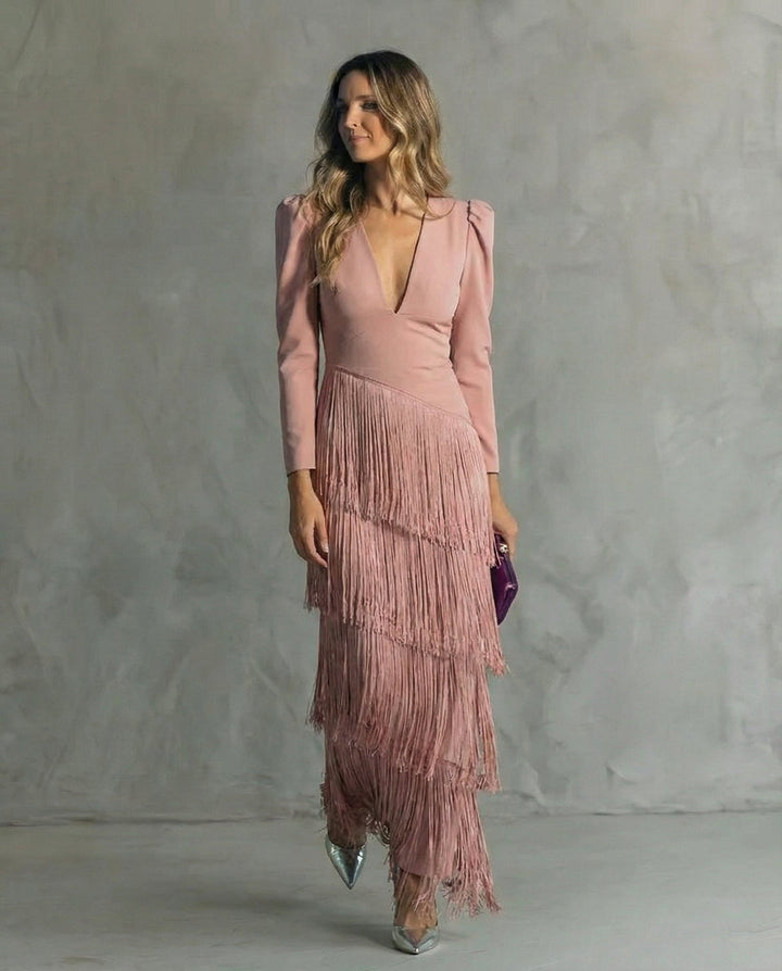 Chiara Elegant Fringe Sleeve Dress - Mauve