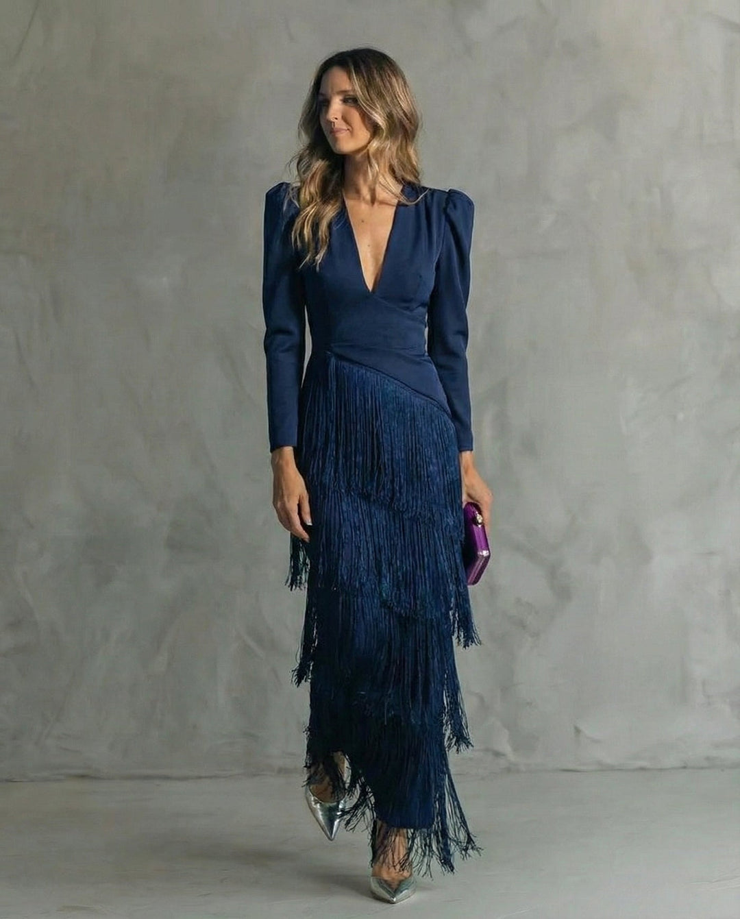 Chiara Elegant Fringe Sleeve Dress - Blue