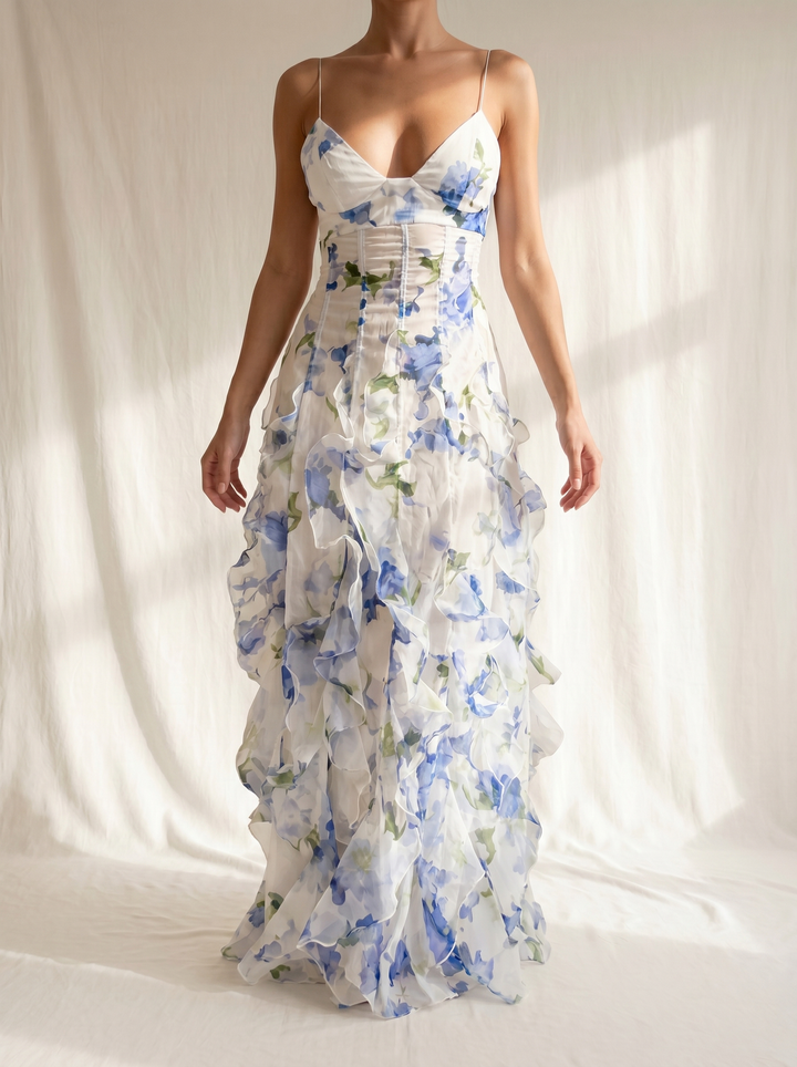 Uri Floral Ruffle Midi Dress