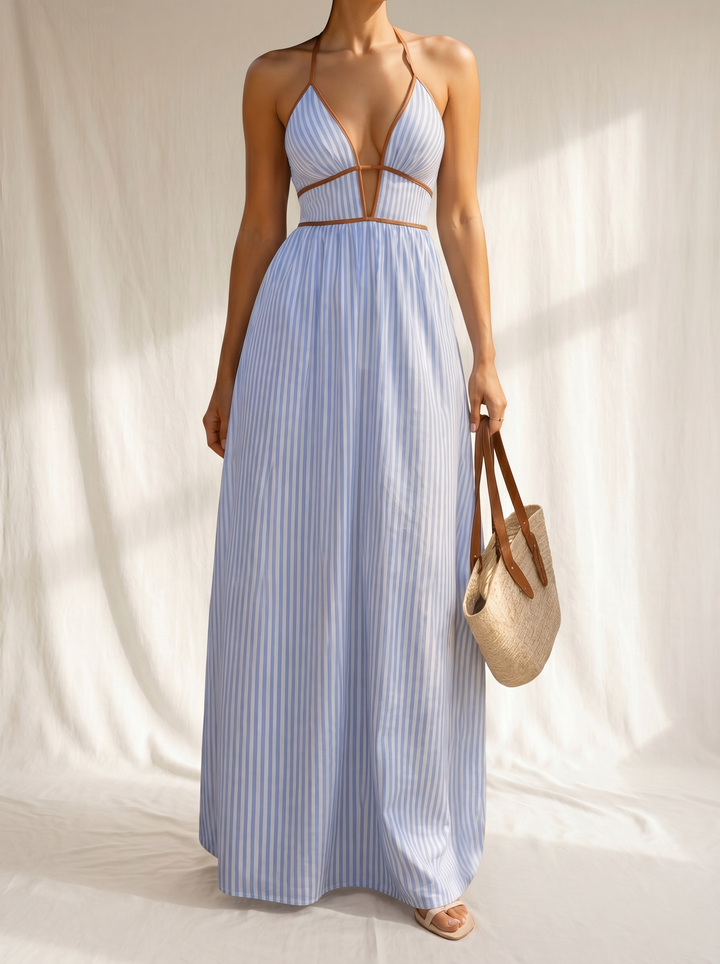 Laurina Striped Long Dress with Cut-Out Neckline