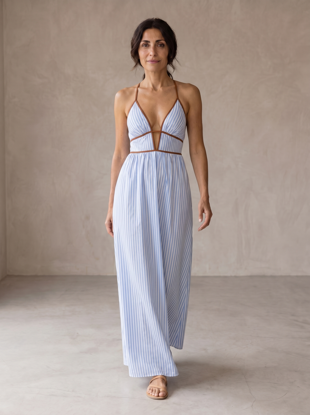 Laurina Striped Long Dress with Cut-Out Neckline
