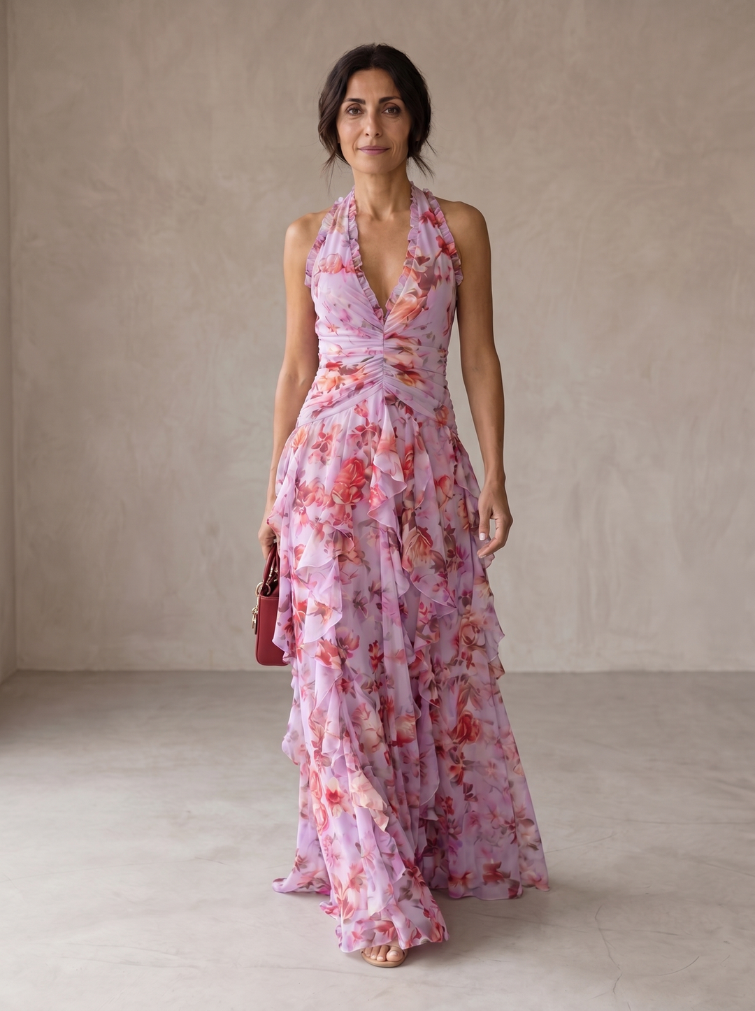 Belladina Rose Cascade Halter Maxi Dress
