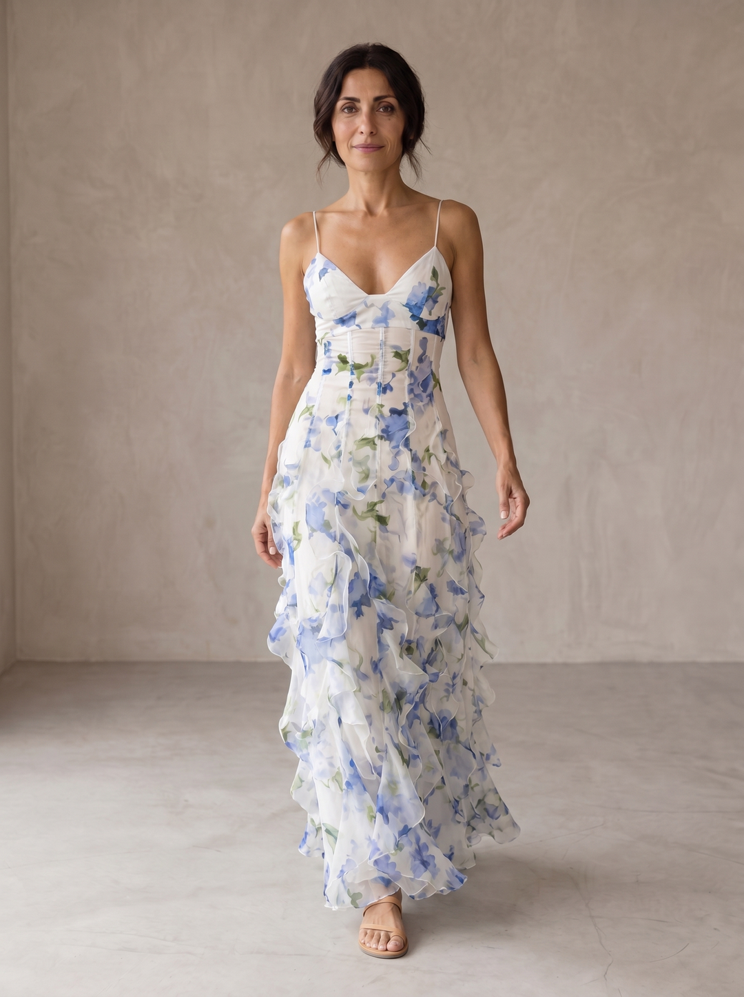 Uri Floral Ruffle Midi Dress
