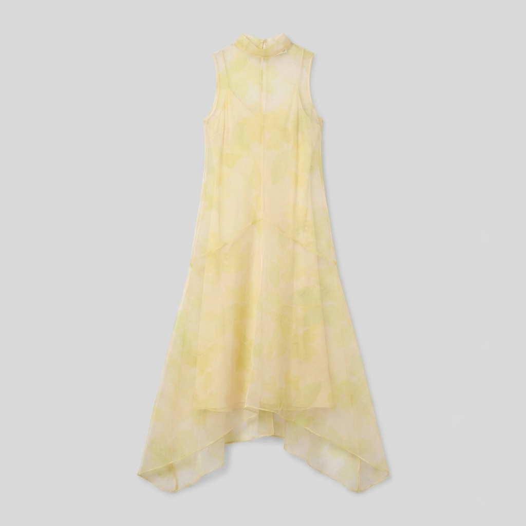 Auden Midi Dress | Sheer Organza Overlay, High-Low Hem, Sleeveless