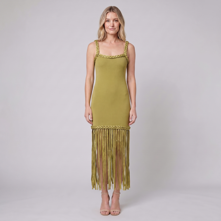 Rivara olive knit fringe dress on model