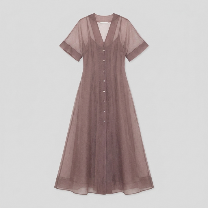 Elysia Midi Dress | Organza A-Line, Button Closure for Weddings and Cocktail Events