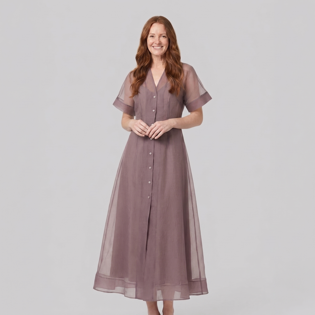 Elysia mink organza A-line midi dress on model
