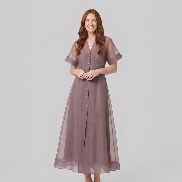 Elysia mink organza A-line midi dress on model