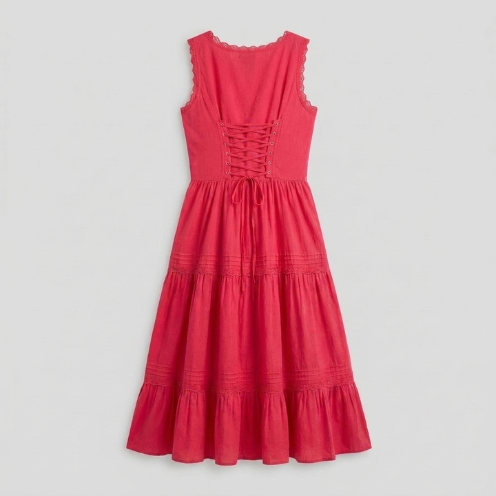 Roselle Midi Dress | Sleeveless Corset-Effect, Embroidered Neckline for Weddings and Cocktail Parties
