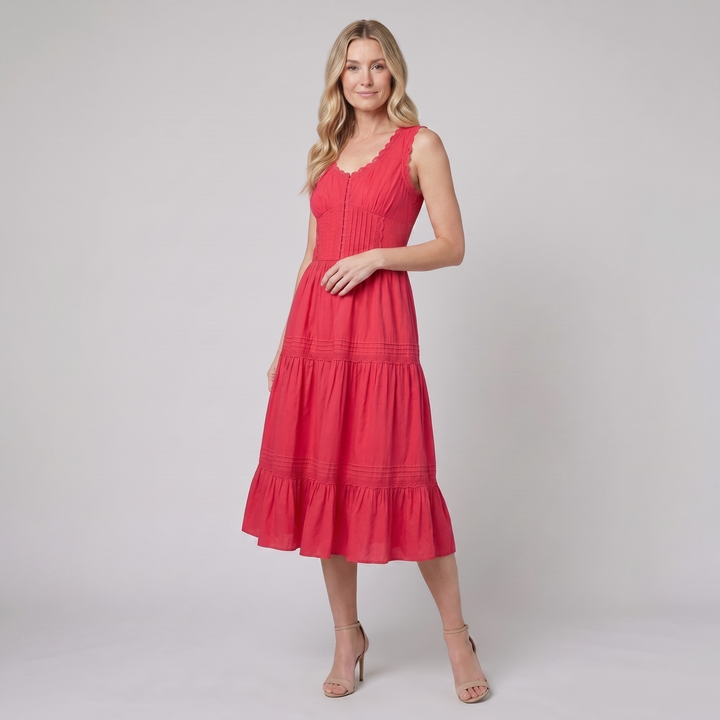 Roselle Midi Dress | Sleeveless Corset-Effect, Embroidered Neckline for Weddings and Cocktail Parties