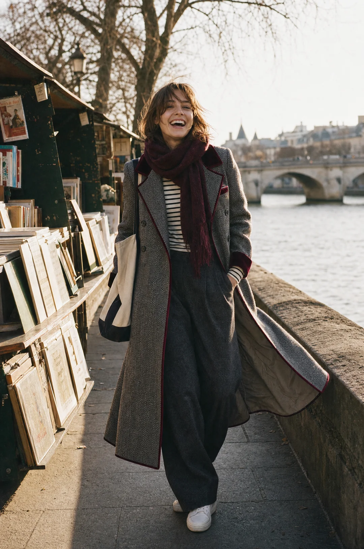 The Heritage | Elegant Herringbone Wool Long Coat with Velvet Trim