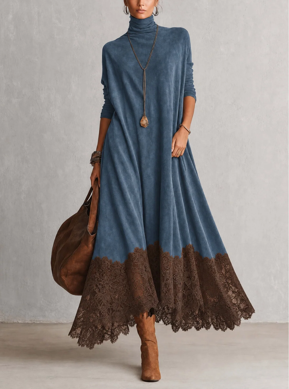 Piera | Long Suede-Effect Dress with Lace Hem