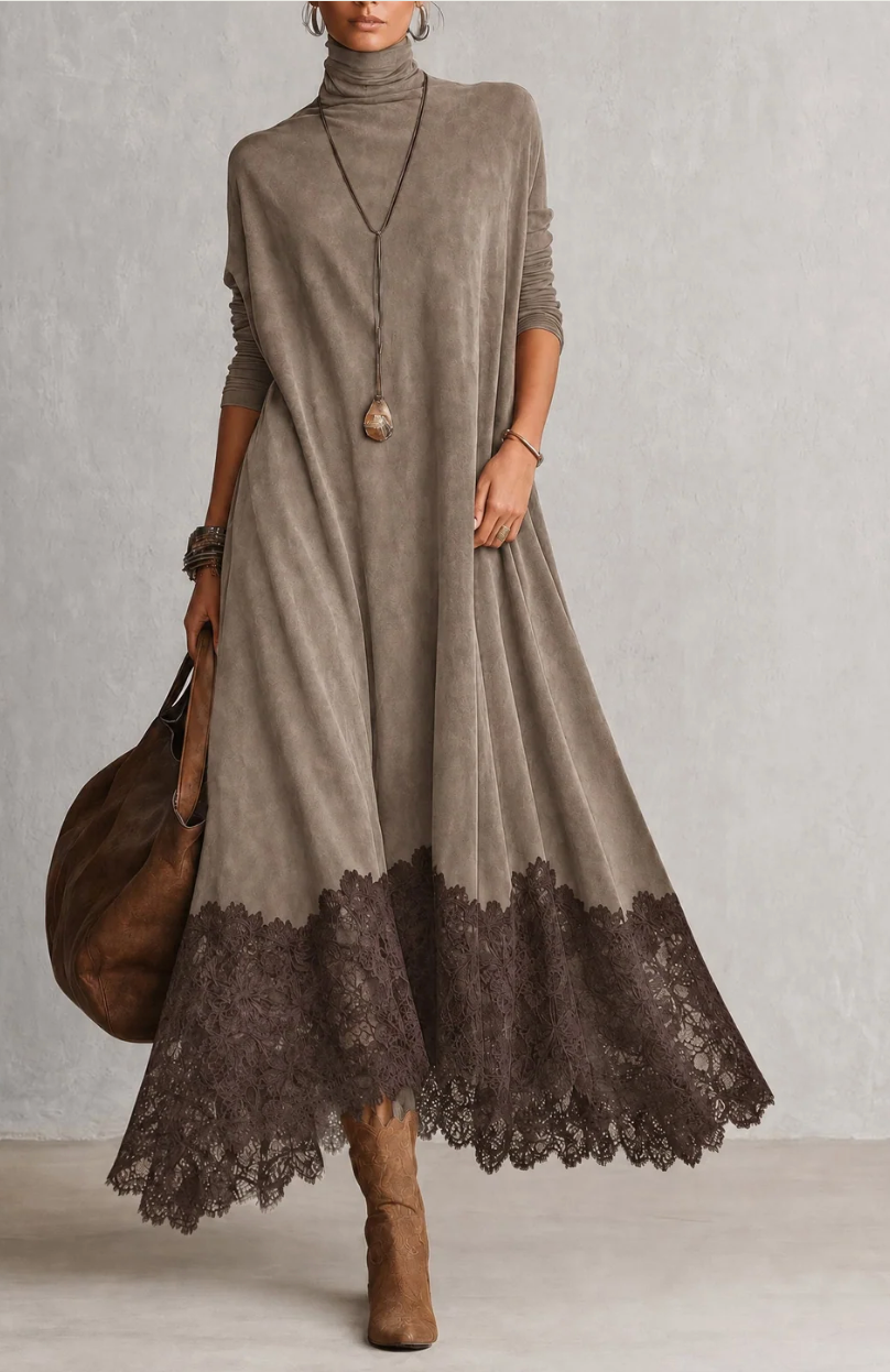 Piera | Long Suede-Effect Dress with Lace Hem