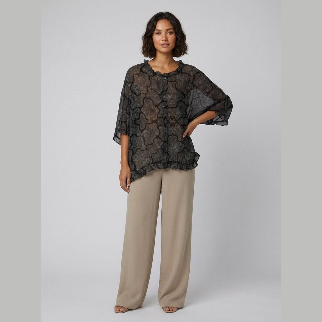 Aqua Ruffle Blouse black print