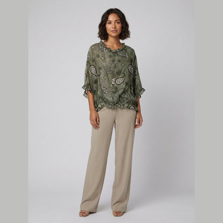 Aqua Ruffle Blouse green paisley print