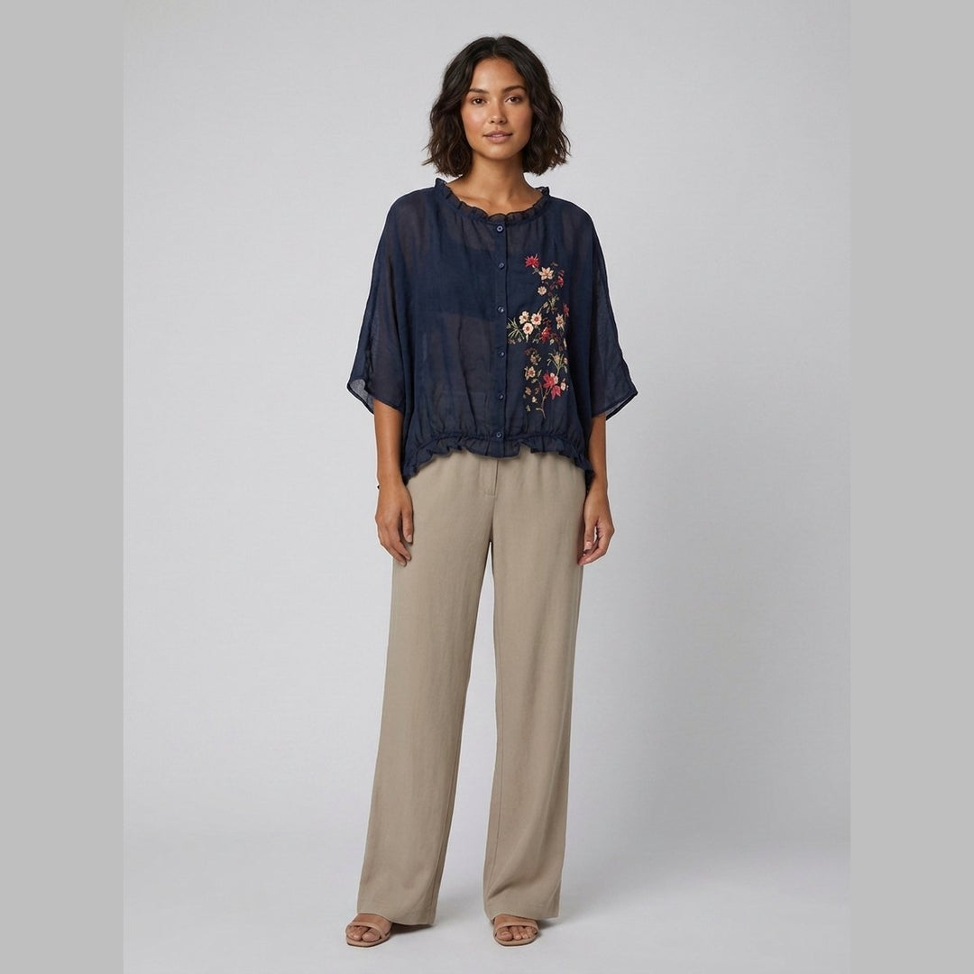 Aqua Ruffle Blouse navy floral