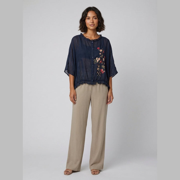 Aqua Ruffle Blouse navy floral