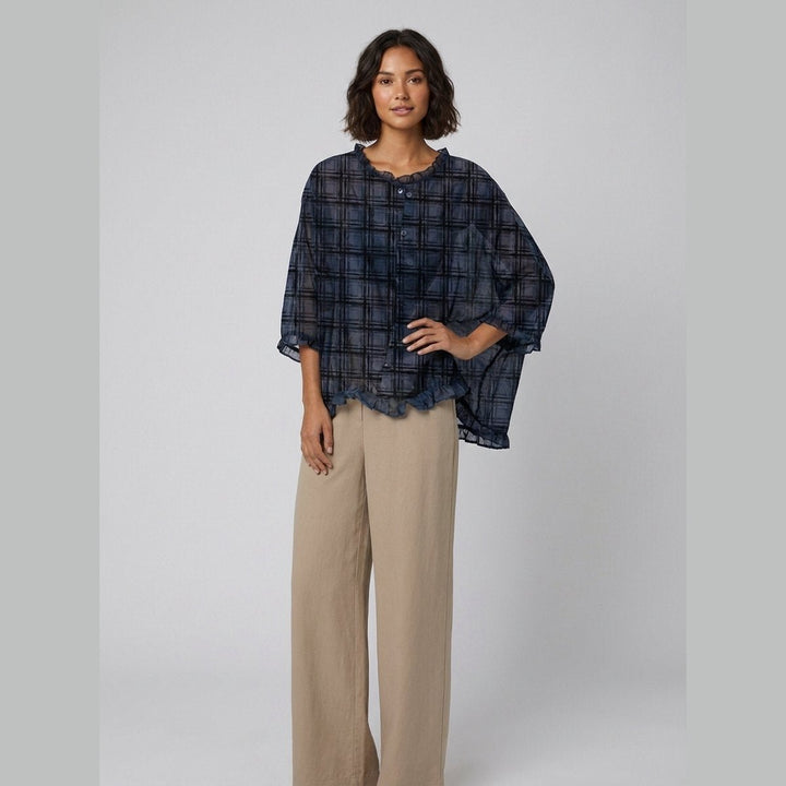 Aqua Ruffle Blouse navy plaid