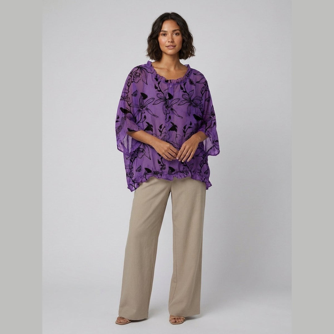 Aqua Ruffle Blouse purple floral bird print