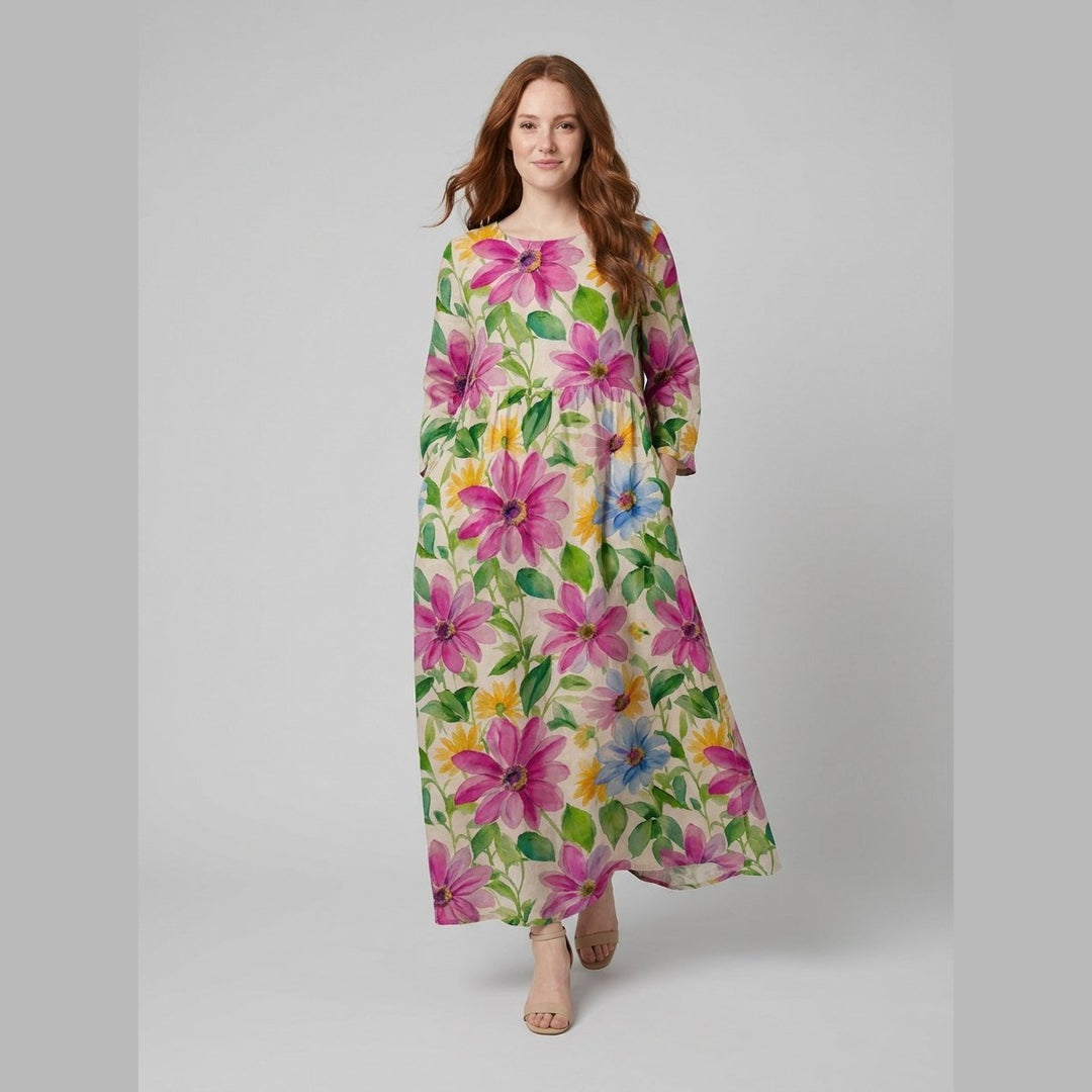 Aqua Summer Dress apricot purple flower on model