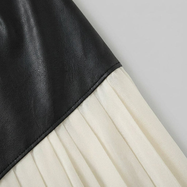Astra | Maxi Skirt Asymmetric Patchwork, Faux Leather & Chiffon