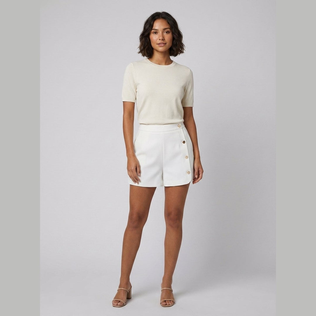 Astra white zipper shorts on model front