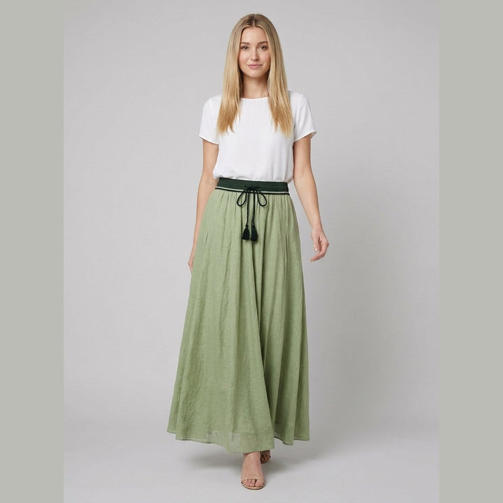 Ava A-line maxi linen skirt sage green on model