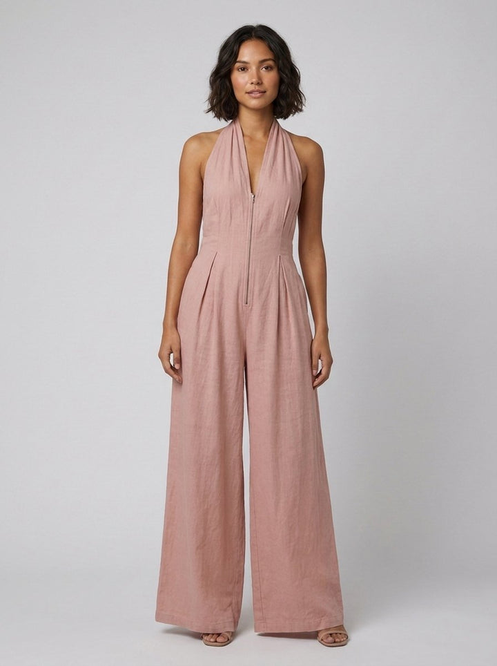 Bella cotton linen jumpsuit pink - model front