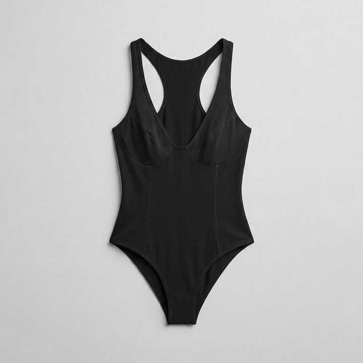 Bella deep-V racerback bodysuit black flat lay