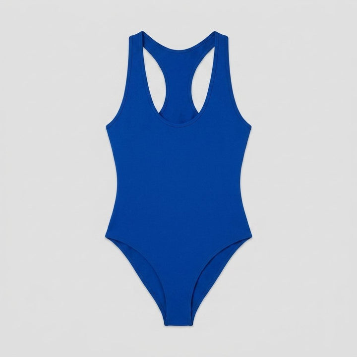 Bella deep-V racerback bodysuit blue flat lay