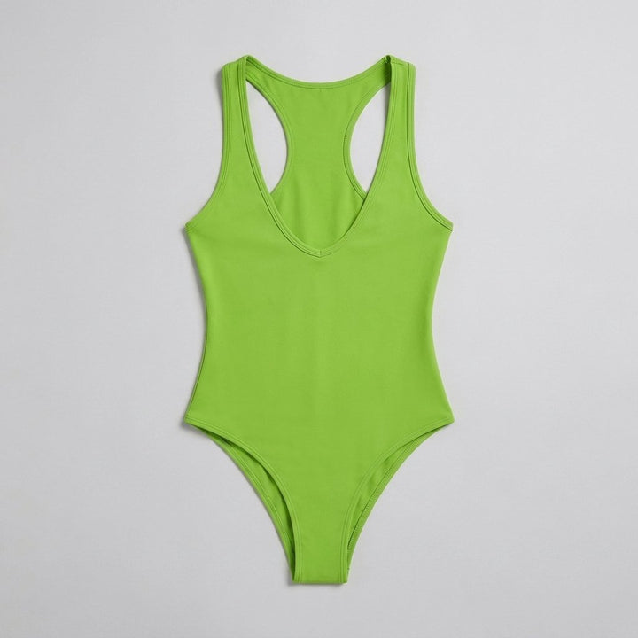 Bella deep-V racerback bodysuit forest flat lay