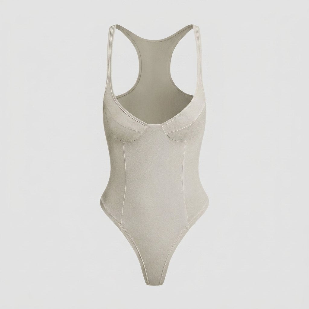 Bella deep-V racerback bodysuit pearl river flat lay